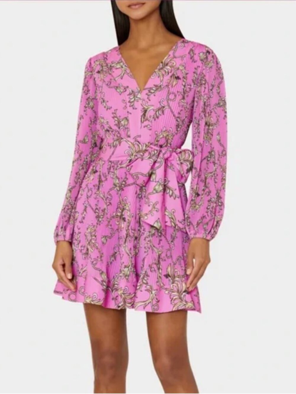 Milly Liv Pleated Mini Dress Pink Chain Print Wrap Tie Size 8
